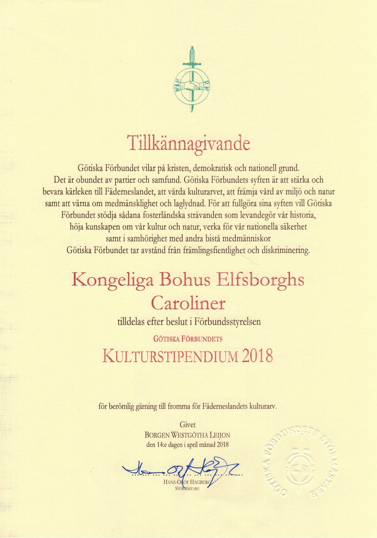Kulturstipendium tilldelat Kongliga Bohus Elfsborghs Caroliner